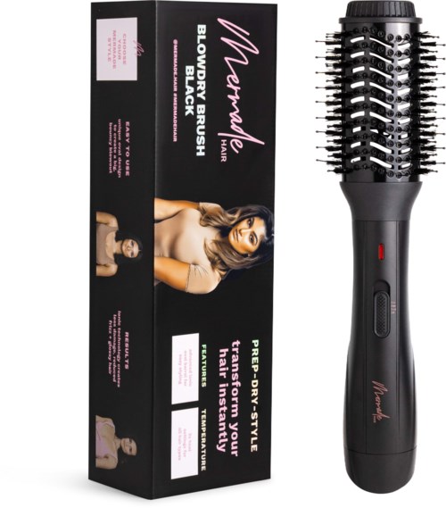De verpakking toont een vrouw met bruin haar en een zwarte haarborstel met knoppen. De doos beschrijft een föhnborstel voor styling.
