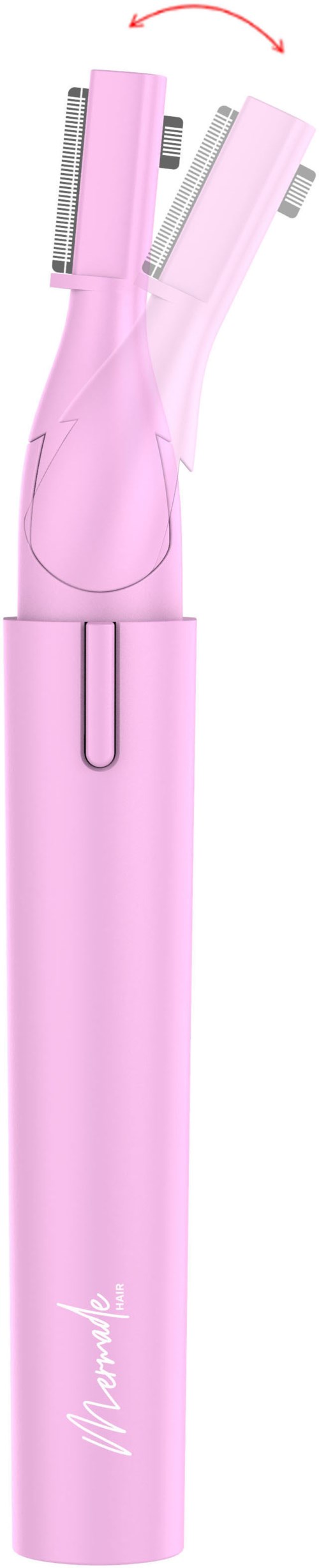 Rosa elektrisk pleieapparat med roterende vedlegg for hår, bryn og nese. Kompakt og batteridrevet.