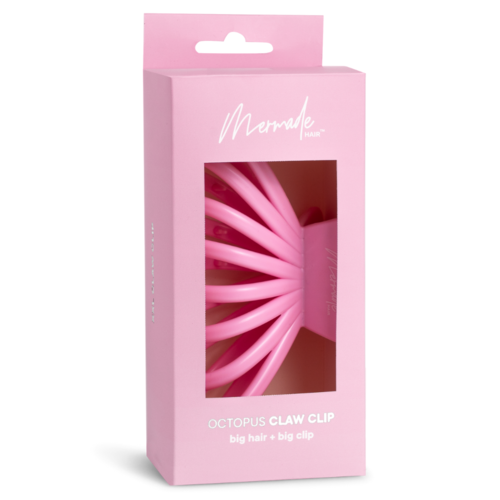 Roze doos bevat een octopus-vormige haarclaw voor dik haar. De verpakkning is vooral roze met een venster.
