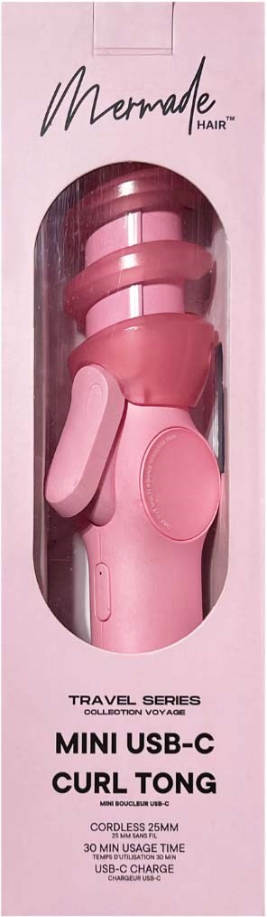 En rosa krøllejern og oplader i en kasse mærket 'Marmade Hair' og 'Mini USB-C Curl Tong' til rejse.