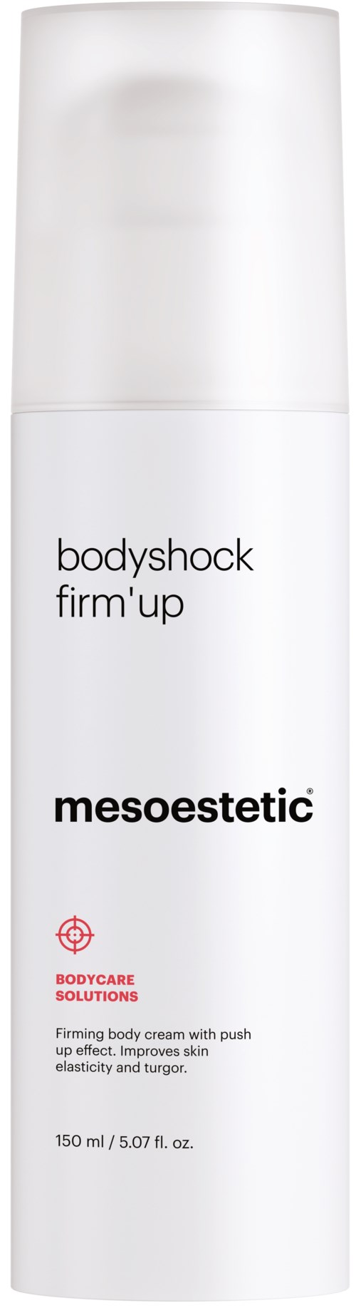 A white bottle labeled 'bodyshock firm'up' from Mesoestetic, with a push cap, used for skin tightening.