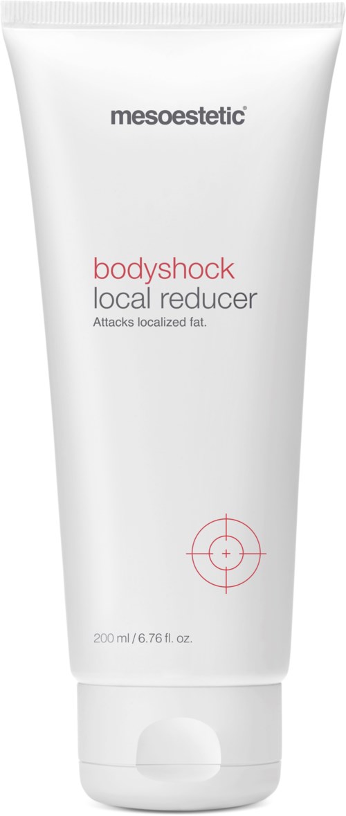 En vit tub märkt 'mesoestetic bodyshock local reducer' som syftar till att minska lokaliserat fett. Den innehåller 200 ml produkt.