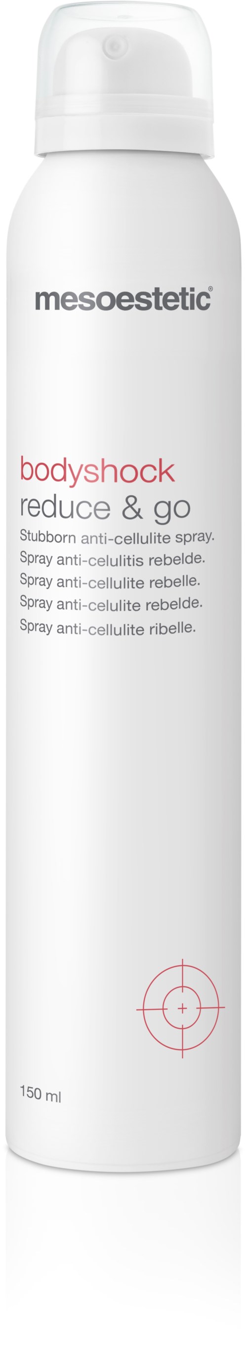 En hvit sprayflaske med svart og rød tekst. Den er merket Mesoestetic Bodyshock for å redusere og gå. Inneholder 150 ml.
