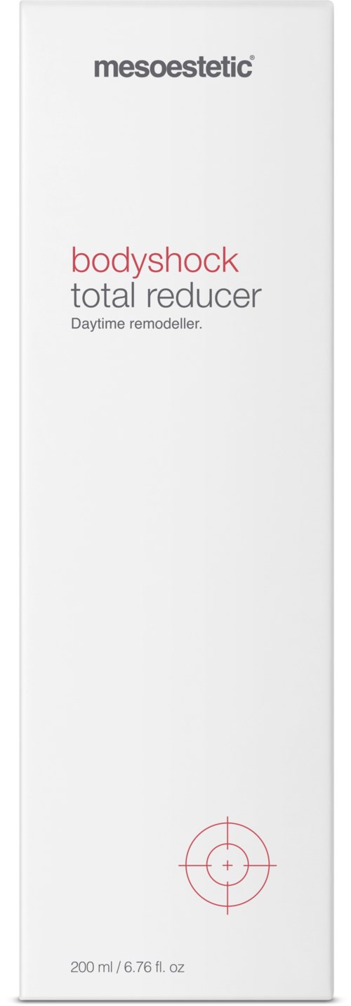 Een witte doos met tekst over een dagtijd lichaamsvermindering behandeling, inclusief merknaam en inhoudsdetails.