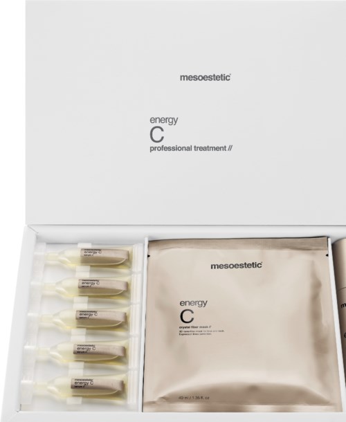 A skincare kit with small bottles and a large silver pouch inside a white box labeled 'mesoestetic energy C'.