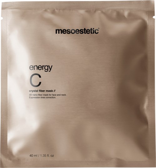 A silver, shiny packet labeled 'mesoestetic energy C' for face and neck skin care, with details about size and product.