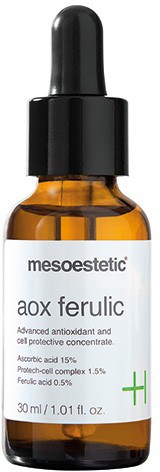 En liten bärnstensfärgad glasflaska med svart droppkork, märkt 'messoesthetic aox ferulic' med ingrediensuppgifter.