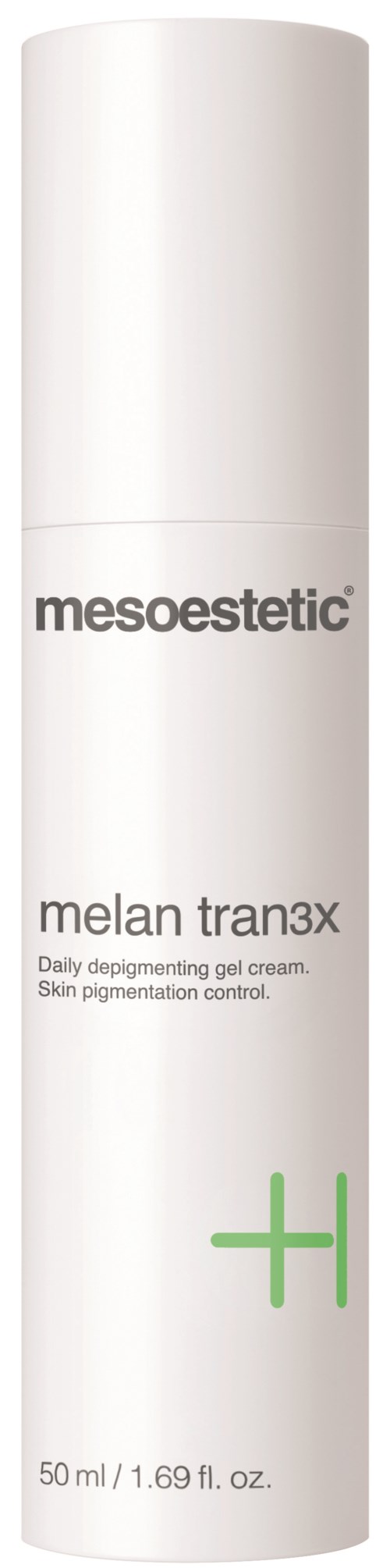 En vit cylindrisk flaska märkt "Mesoestetic Melan Tran3X," för hudpigmenteringsbehandling, 50 ml.
