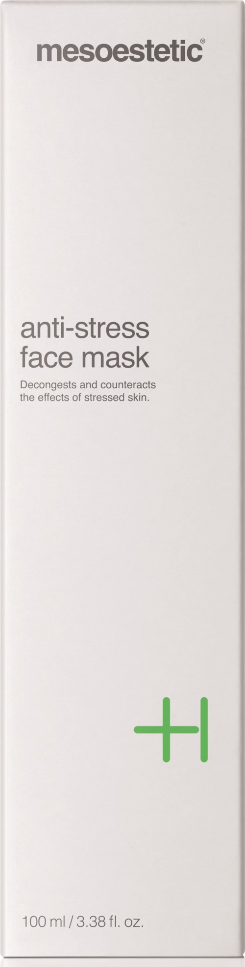 En vit ask med grönt plusmärke, märkt 'mesoestetic anti-stress face mask'.