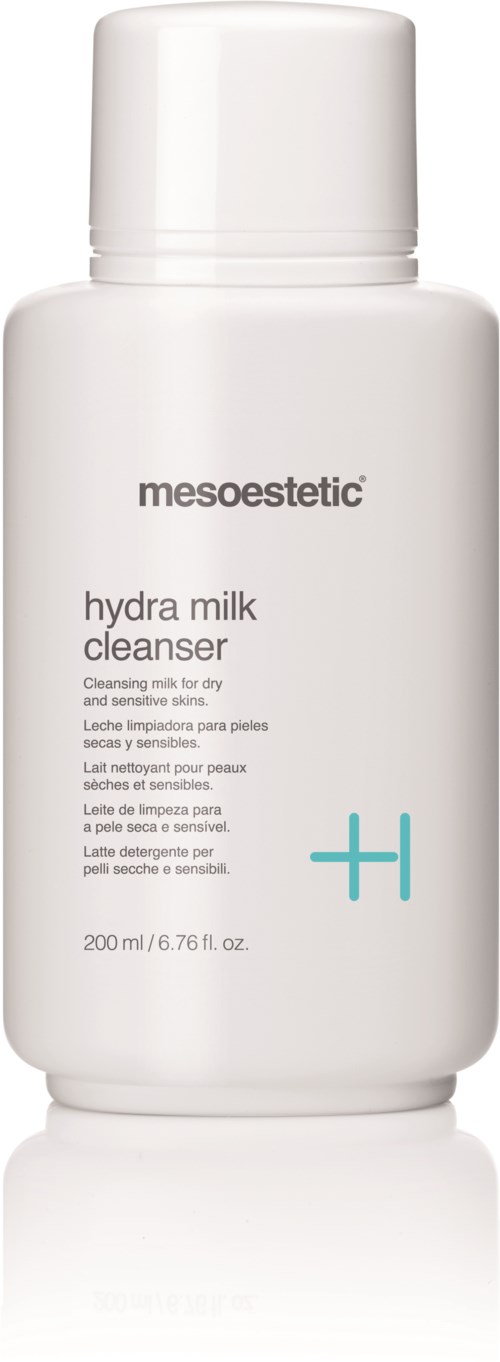A white bottle of Mesoestetic Hydra Milk Cleanser with product name and details on the label.