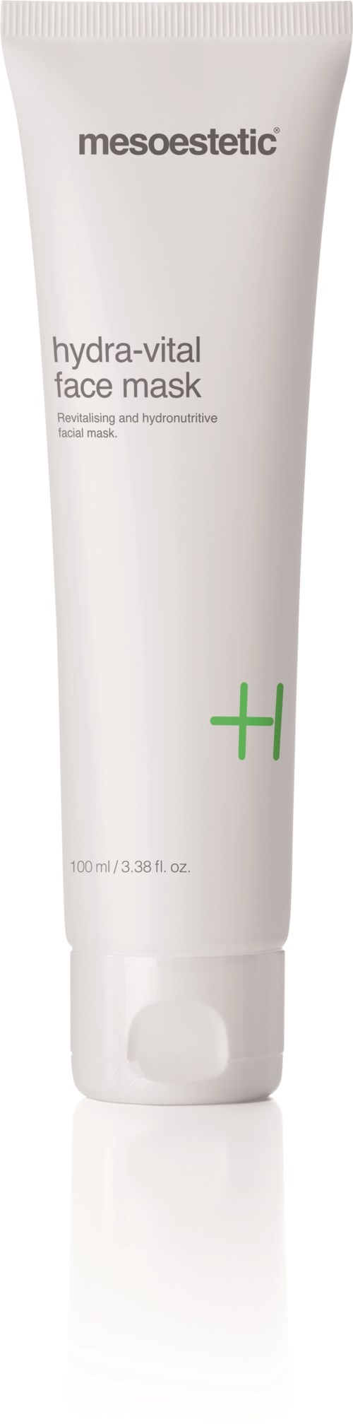 En vit tub med svart och grönt text, märkt 'mesoestetic' och 'hidra-vital face mask'.