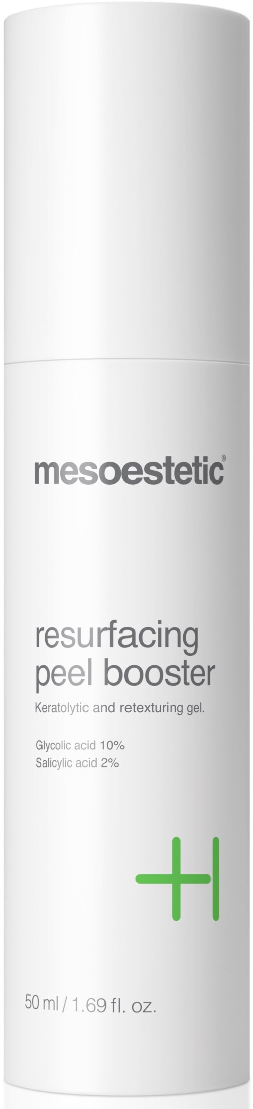 A white bottle labeled 'miesoesthetic' with 'resurfacing peel booster' for skin care.