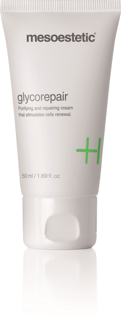 En vit tub med hudvårdsgrädde, grönt plustecken och svart text, märkt 'mesoestetic glycolrepair.'