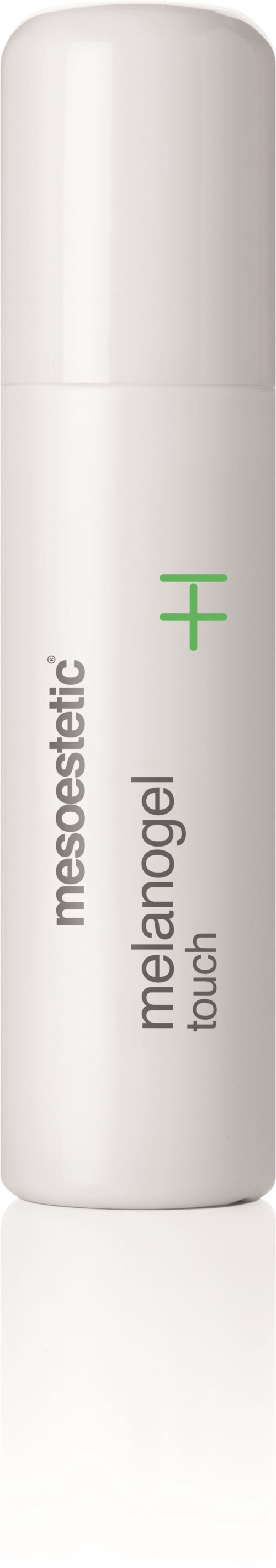 A white cylindrical tube with green and black text, labeled as a meshosthetic melangogel, touch, and plus.