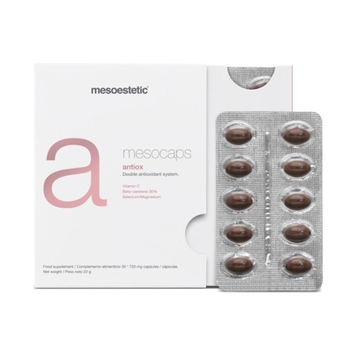 En förpackning av Mesoestetic Mesocaps Antiox-kapslar med tio bruna kapslar i en blisterförpackning.