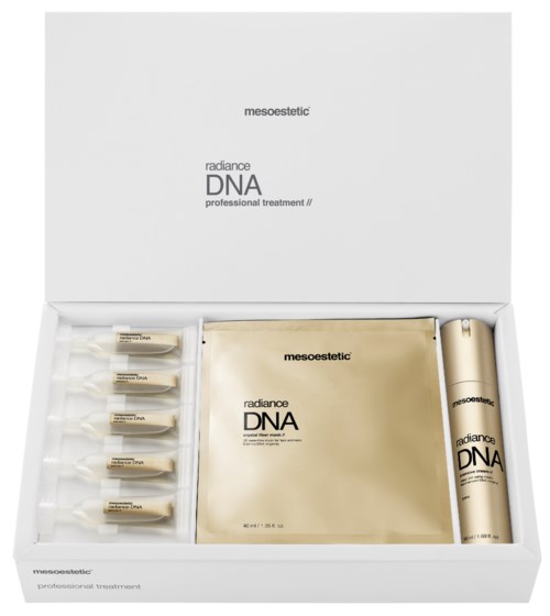 A white box contains small bottles, a gold packet, and a cylindrical spray. All are labeled "radiance DNA".