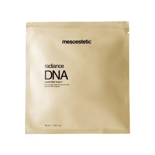 A beige packet labeled "Mesoestetic" with black text for facial skincare. It mentions "radiance DNA" and extends thin, flexible material.