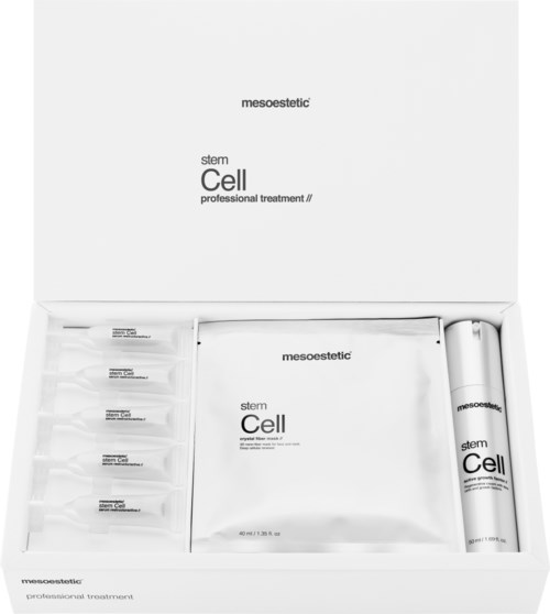 A white box contains small bottles, a rolled-up tube, and a booklet, all labeled 'mesoestetic' and 'stem Cell.'