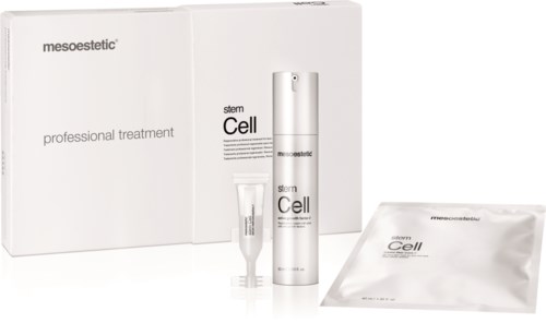 A skincare product set in a white box with bottles and a small packet, labeled 'stem Cell' and 'professional treatment.'