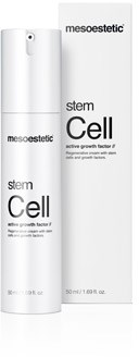A white bottle labeled 'stem Cell' from Mesoestetics, likely a skincare product, standing next to its box.