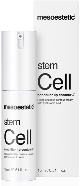 A white skincare product bottle with a matching box, labeled 'mesoestetic stem Cell' and 'nanofiller lip contour' in black text.