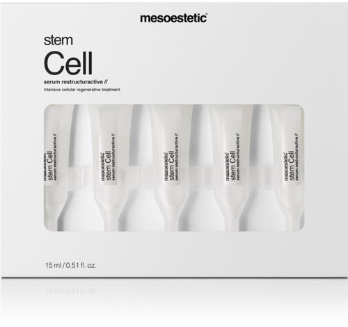 Det är en låda med fem serumflaskor märkta 'Cell' för hudvård, med en ren, vit design.