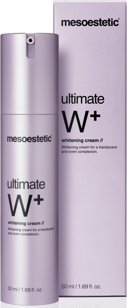 A whitening cream bottle and box with purple and white colors, labeled "mesoestetic ultimate W+" for skin whitening.