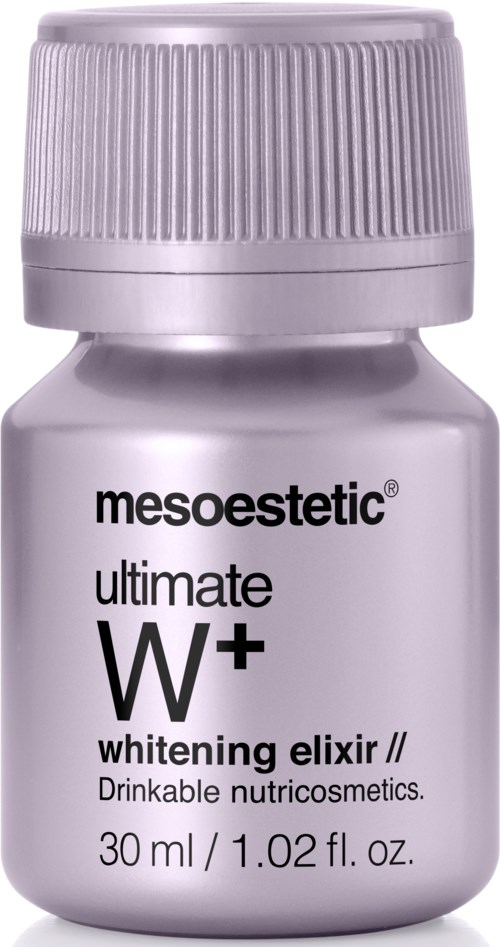 A silver bottle with a ribbed cap labeled 'mesoestetic ultimate W+ whitening elixir, drinkable nutricosmetics, 30 ml.'