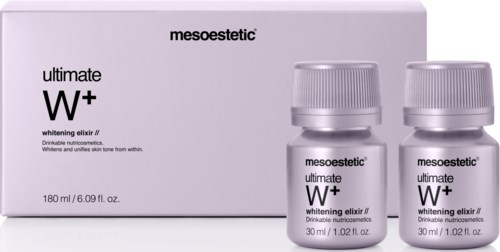 A box and two small bottles labeled 'mesoestetic' and 'ultimate W+ whitening elixir' are shown.