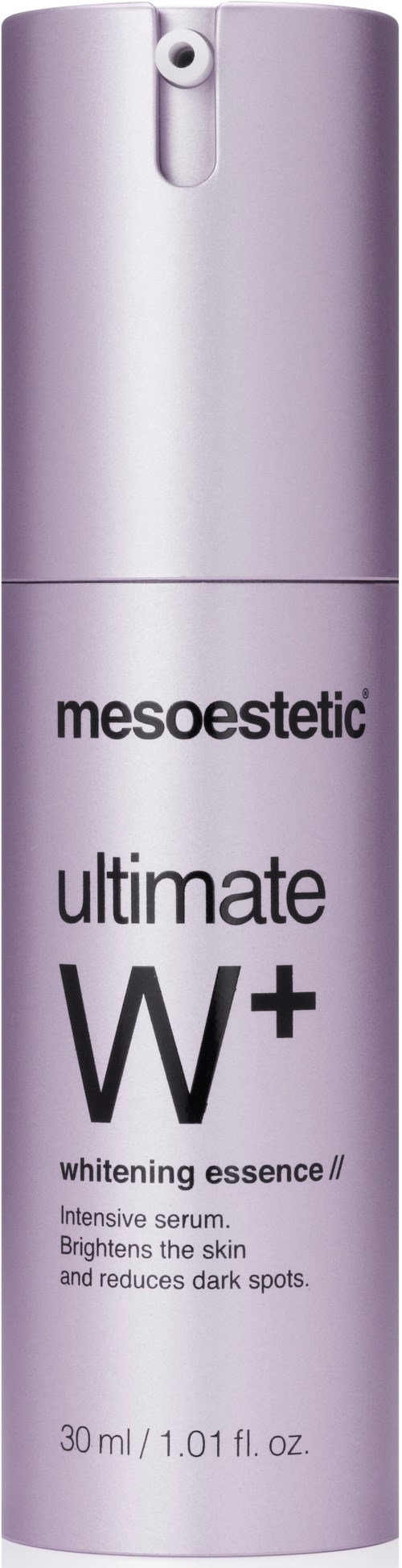 A purple bottle with pump, labeled Mesoestetic Ultimate W+ whitening serum for skin brightening and dark spot reduction.