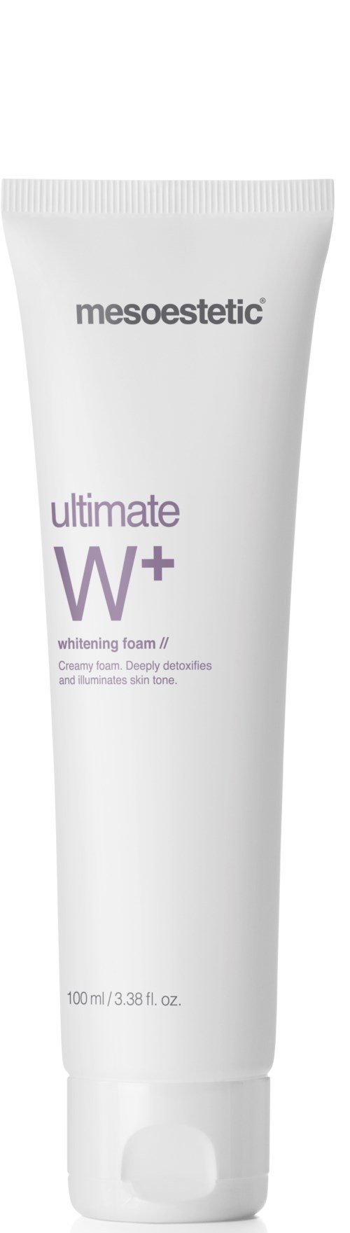 En vit tub med Mesoestetic Ultimate W+ blekningsskumm med lila och grå text.