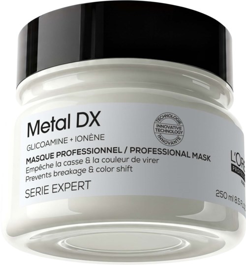 L'Oreal Metal DX professionele maskerpot met zwarte deksel, wit label en productinformatie inclusief ingrediënten en voordelen.