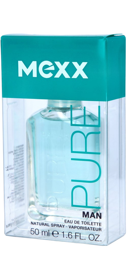 En liten turkost box med vit text och en klar flaska inuti med texten "PURE" och "MAN."