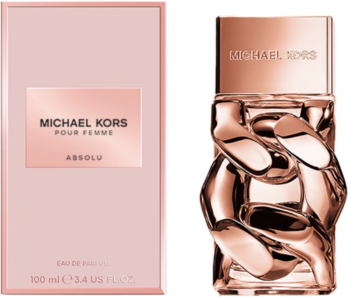 En rosa parfymeeske og flaske med kjedeaktig design, merket 'Michael Kors Pour Femme Absolu' og 'Eau de Parfum.'