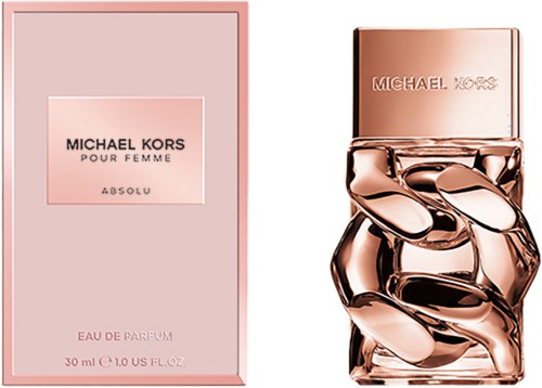En parfymeflaske og eske med rosa og roségullfarger, merket Michael Kors og Absolu.