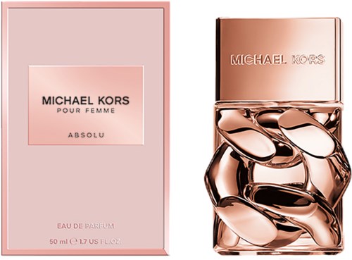 En rosa parfymeeske og en skinnende roségull flaske med Michael Kors-logos.