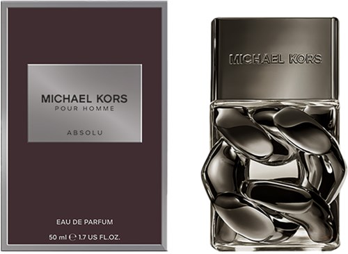 En eske og en flaske med Michael Kors Absolu-parfyme, begge elegante og svarte. Eskens etikett har grunnleggende opplysninger.
