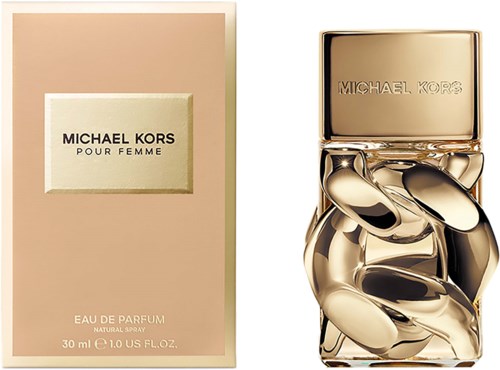 En parfymeflaske med en gullkjede-design og en rosa eske med merket Michael Kors.