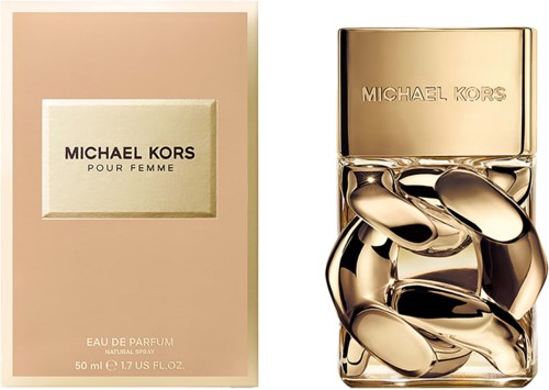 Eine Parfühülle und Flasche von Michael Kors, elegantes Golddesign, mit Ringen als Dekoration, Duftname auf der Schachtel.