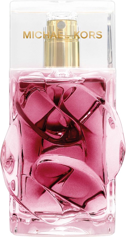 Roséfärgad parfymflaska med guldkapsel i ett tydligt fönster, visar Michael Kors-loggan på toppen.
