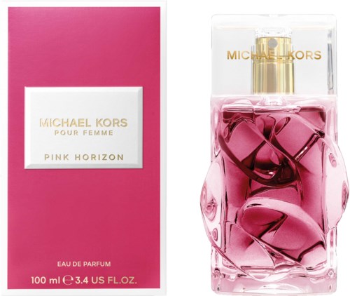 Pink Horizon parfym av Michael Kors i en klar flaska med rosa virvlande design och guldkapsel, bredvid sin rosa box.