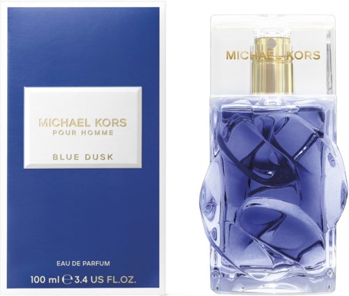 Michael Kors Blue Dusk parfymflaska och förpackning med gulddetaljer, genomskillig topp och lila vätska.