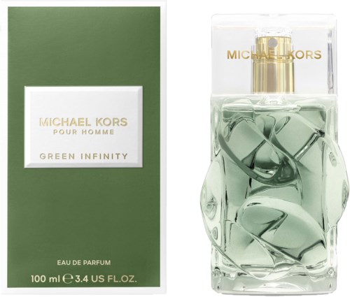 Michael Kors Green Infinity parfymflaska bredvid dess gröna förpackningsask.