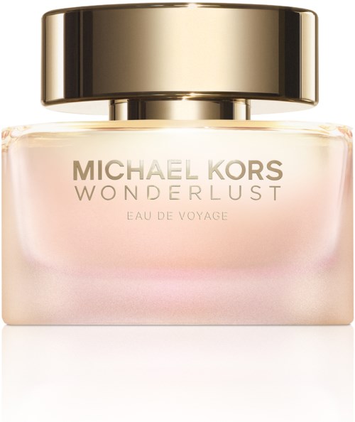 En beige och guld parfymflaska märkt "Michael Kors Wonderlust Eau de Voyage."