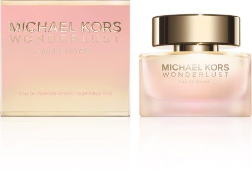 En rosa låda och en parfymflaska märkta 'Michael Kors Wonderlust' med svart lock.
