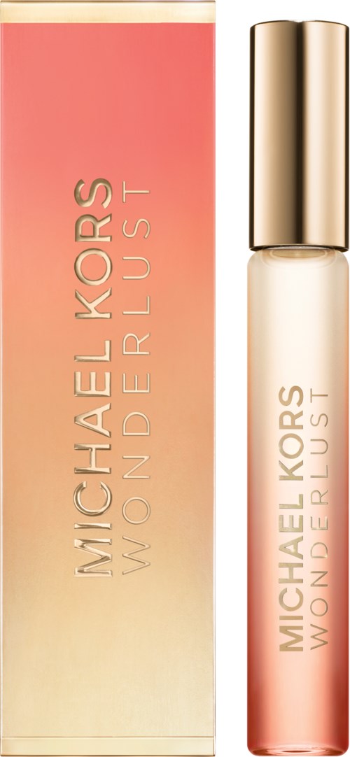 Een blushtube en doos in goud en roze met de tekst 'Michael Kors Wonderlust'.