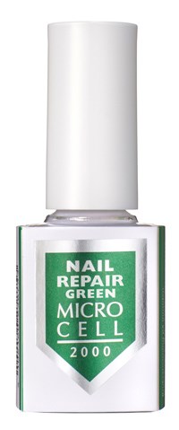 En liten neglelakkflaske med hvit lokk og etikett som sier 'Nail Repair Green Micro Cell 2000' i grønt og hvitt.