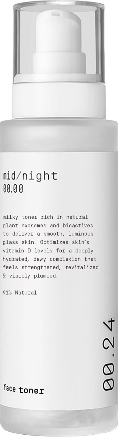 En hvit flaske med pumpe merket 'nido/night 00.00', inneholder ansikt toner. Teksten beskriver dens naturlige og hudfordeler.