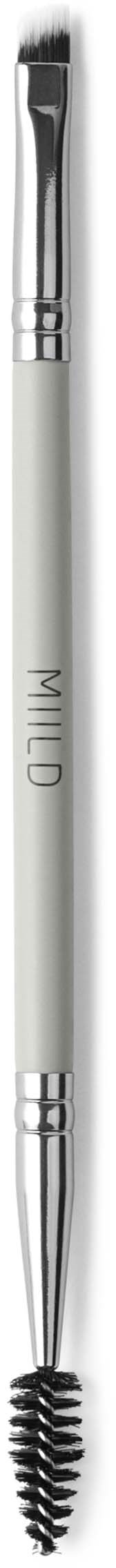 Makeup brush with a silver handle, two parts, one with bristles and one with a cleaning spool.
