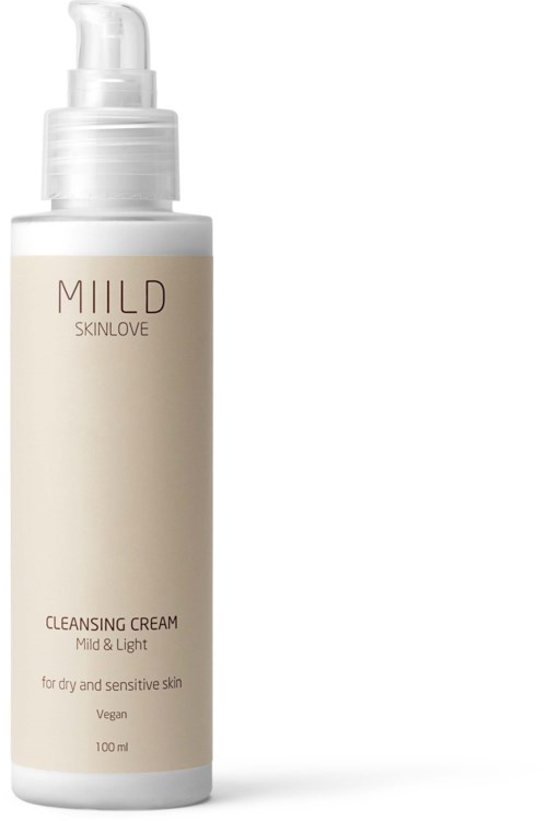 En hvid flaske med mild rensende creme til følsom hud med pumpe og minimal tekst.